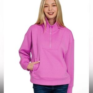 Zenana Soft Scuba Half Zip Pullover – Bright Mauve Pink – S/M/L